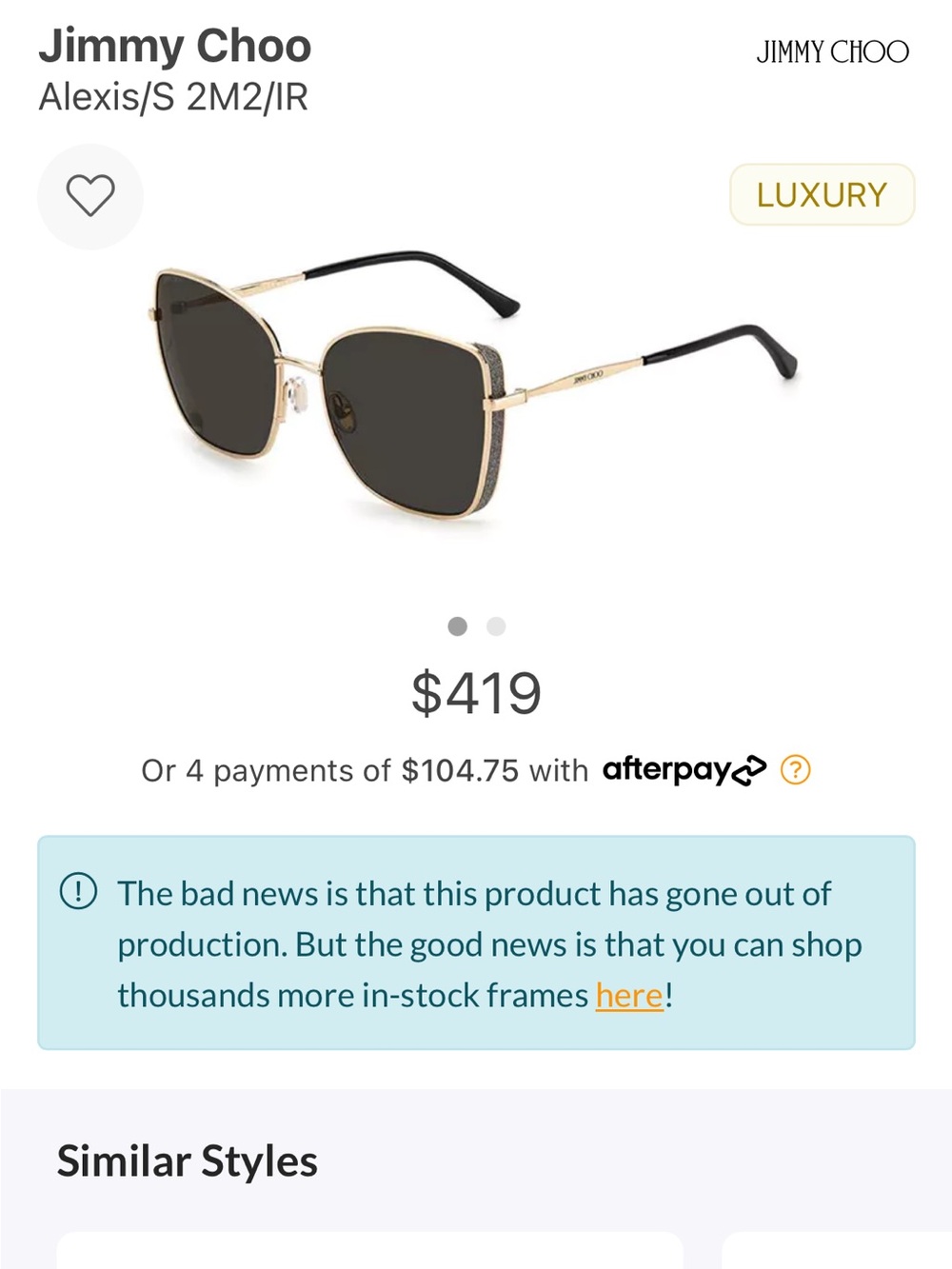 Jimmy Choo Gold Frame Sunglasses with Black Lenses